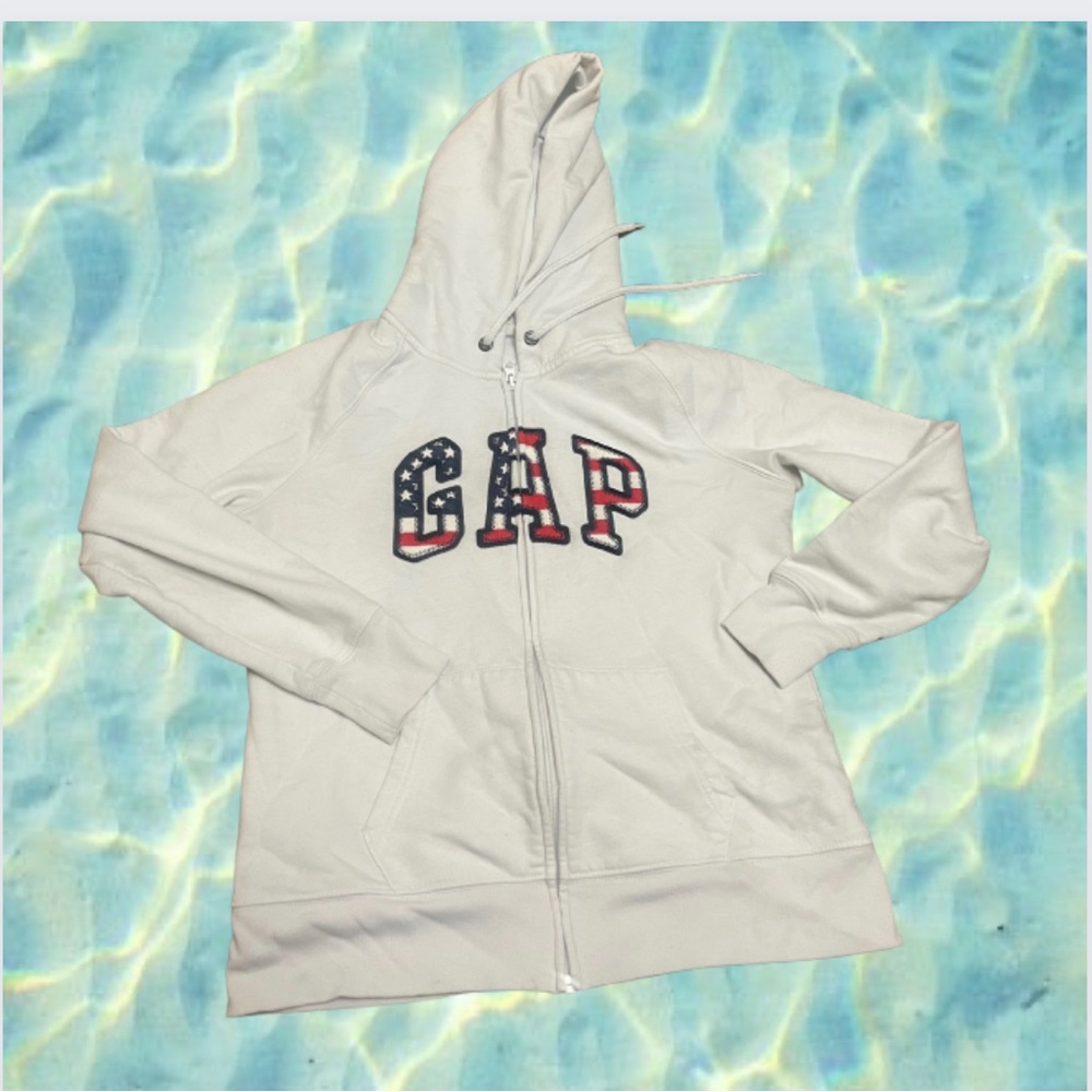 Gap Full Zip Jacket Flag USA  White Hooded Sweatshirt